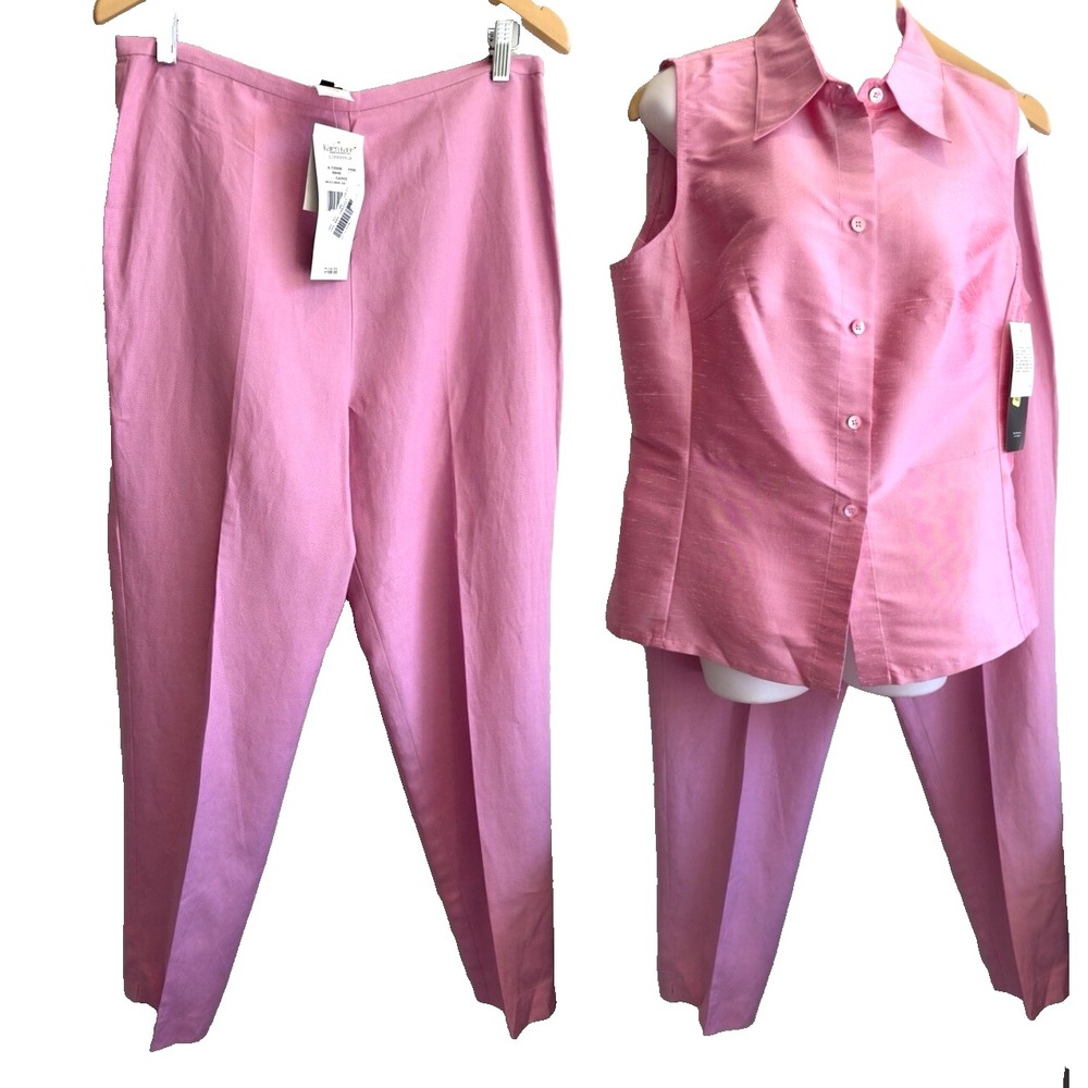 NWT VTG Karen Kane ‎ 2PC Shirt Pants Outfit Assembly Silk Pink Retro Chic  L 12